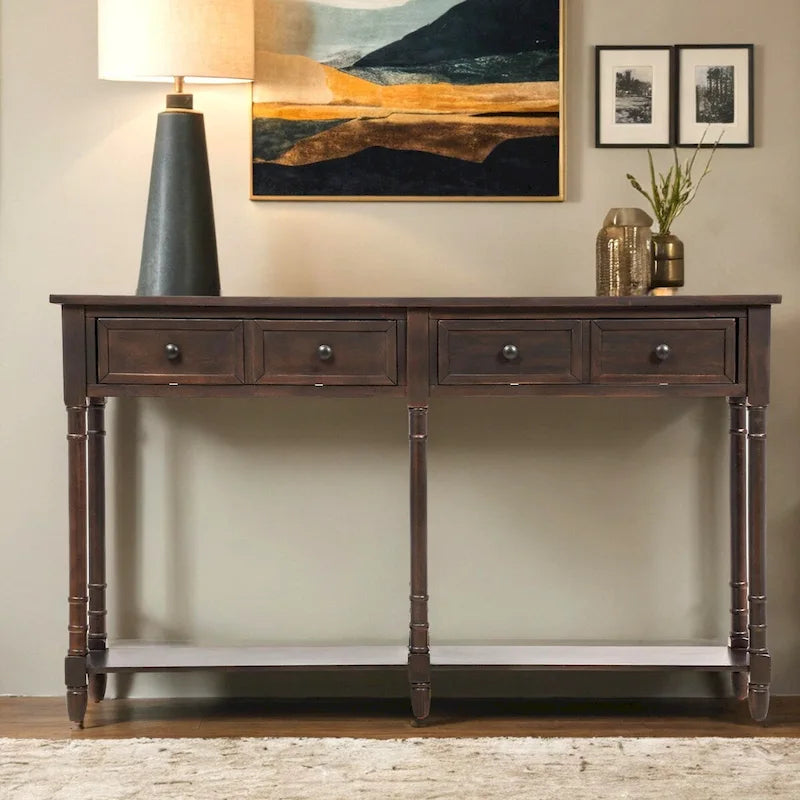 Rustic 2-Drawer Console Table with Bottom Shelf, Pine Wood & MDF, Distressed Finish, 1-Person Assembly