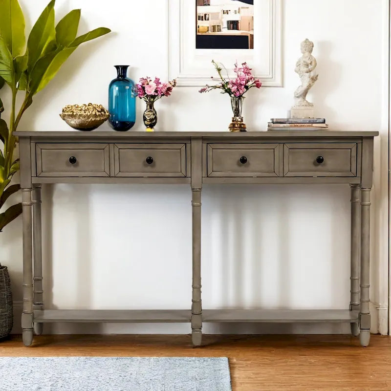 Rustic 2-Drawer Console Table with Bottom Shelf, Pine Wood & MDF, Distressed Finish, 1-Person Assembly