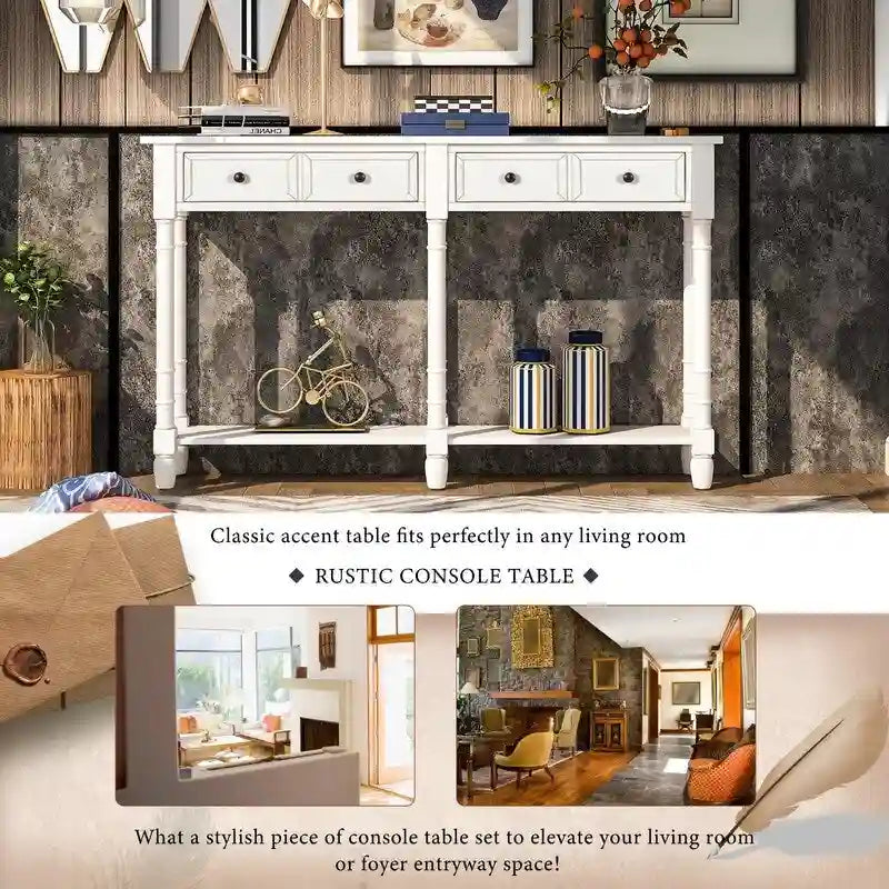 Rustic 2-Drawer Console Table with Bottom Shelf, Pine Wood & MDF, Distressed Finish, 1-Person Assembly