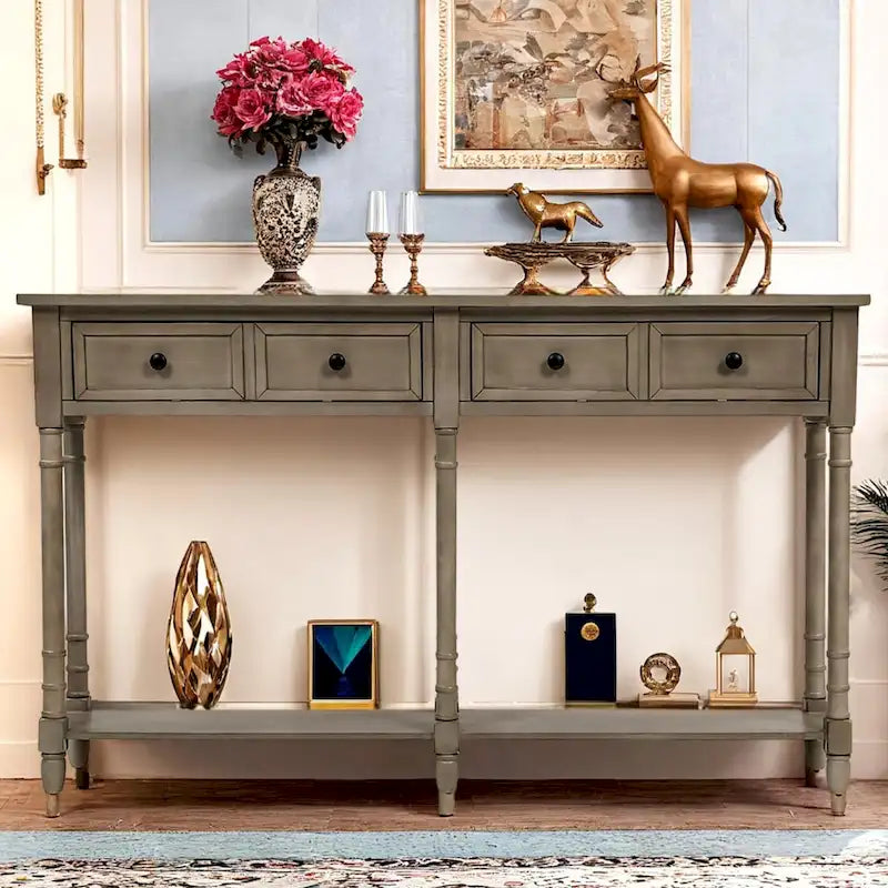 Rustic 2-Drawer Console Table with Bottom Shelf, Pine Wood & MDF, Distressed Finish, 1-Person Assembly