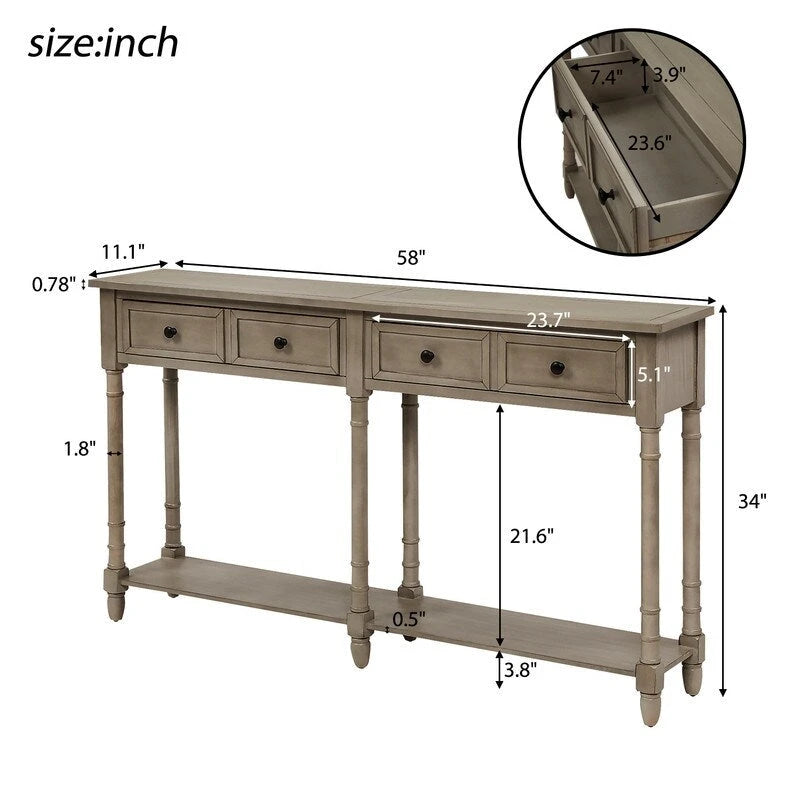 Rustic 2-Drawer Console Table with Bottom Shelf, Pine Wood & MDF, Distressed Finish, 1-Person Assembly