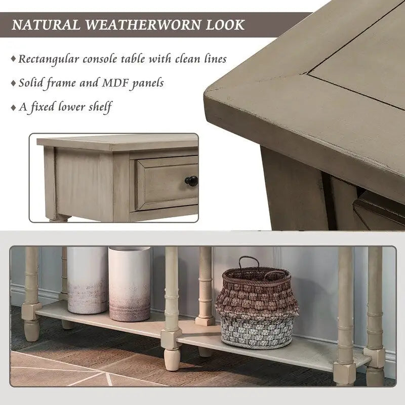 Rustic 2-Drawer Console Table with Bottom Shelf, Pine Wood & MDF, Distressed Finish, 1-Person Assembly