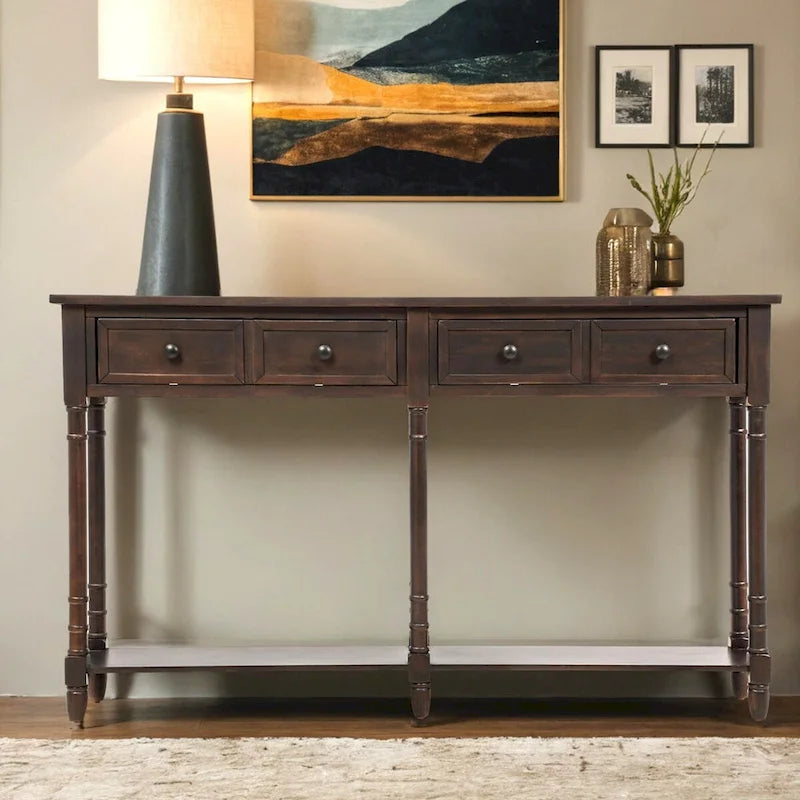 Rustic 2-Drawer Console Table with Bottom Shelf, Pine Wood & MDF, Distressed Finish, 1-Person Assembly