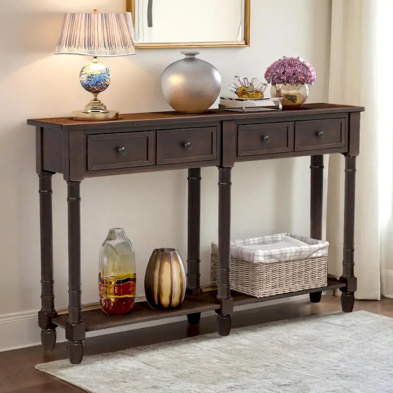 Rustic 2-Drawer Console Table with Bottom Shelf, Pine Wood & MDF, Distressed Finish, 1-Person Assembly