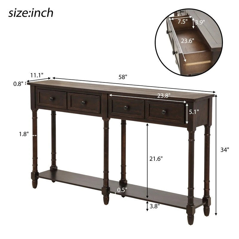Rustic 2-Drawer Console Table with Bottom Shelf, Pine Wood & MDF, Distressed Finish, 1-Person Assembly