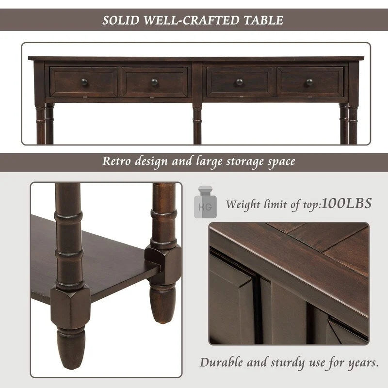 Rustic 2-Drawer Console Table with Bottom Shelf, Pine Wood & MDF, Distressed Finish, 1-Person Assembly