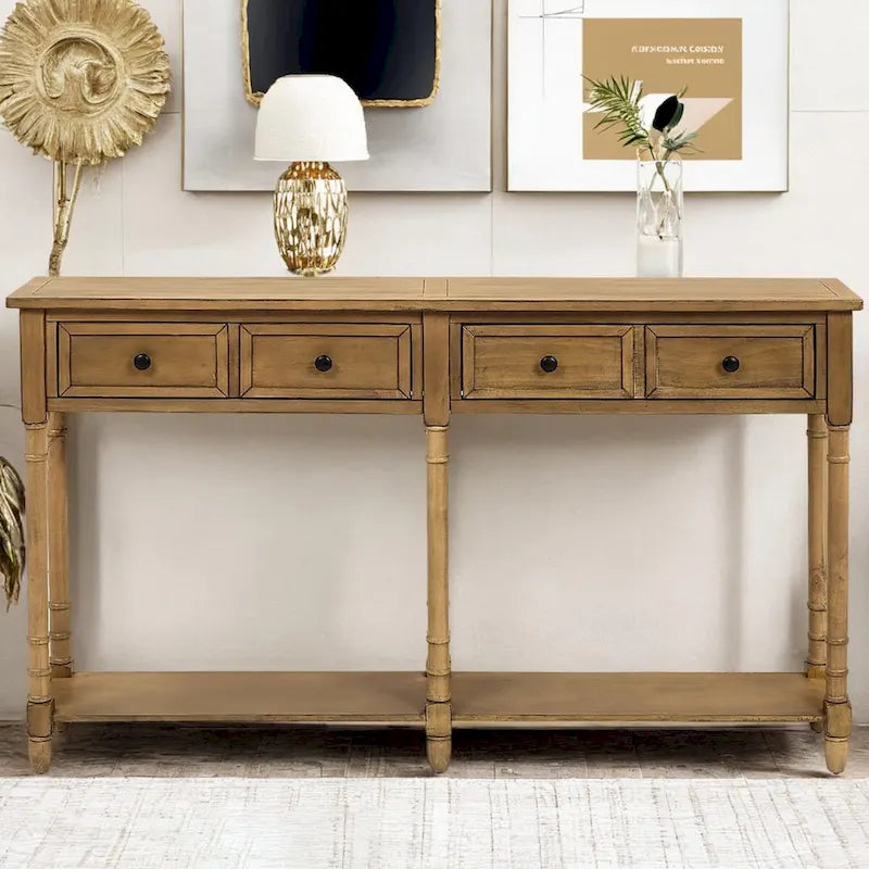 Rustic 2-Drawer Console Table with Bottom Shelf, Pine Wood & MDF, Distressed Finish, 1-Person Assembly