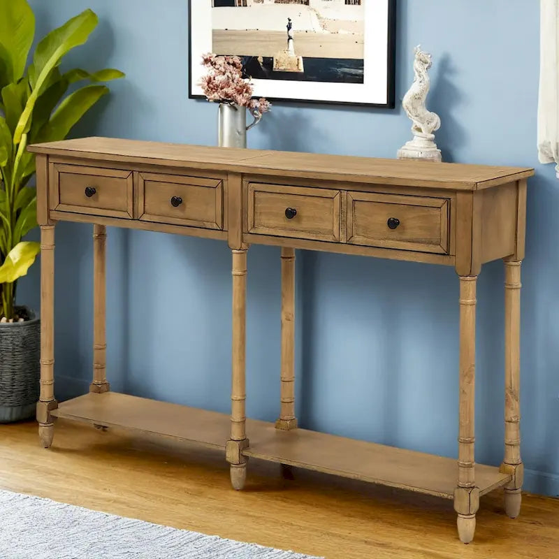 Rustic 2-Drawer Console Table with Bottom Shelf, Pine Wood & MDF, Distressed Finish, 1-Person Assembly