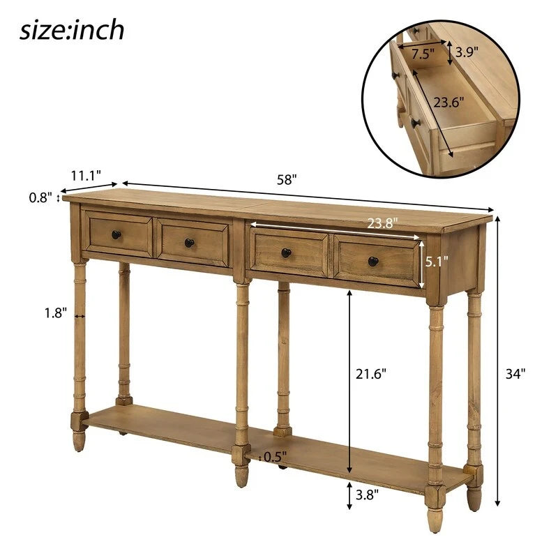 Rustic 2-Drawer Console Table with Bottom Shelf, Pine Wood & MDF, Distressed Finish, 1-Person Assembly