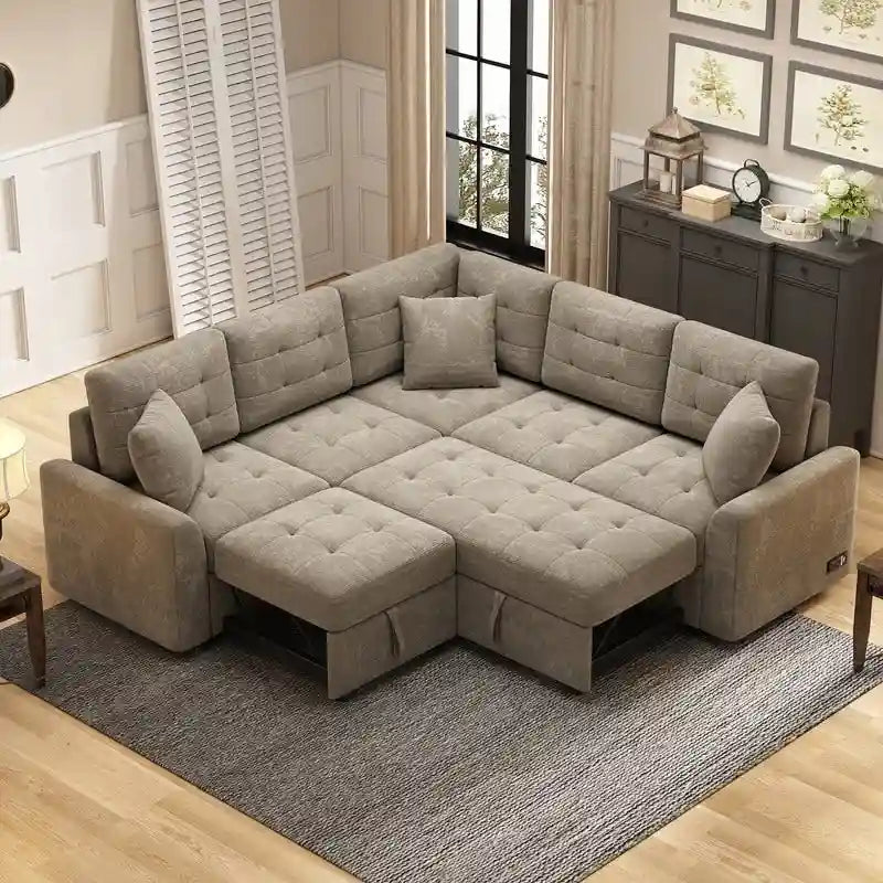 82.6" Brown/Khaki/Navy Blue L-Shape Convertible Sofa Bed with Wheels & USB Ports, 2-3 Seater