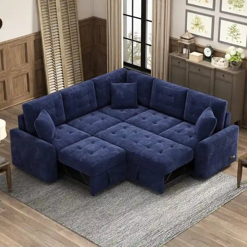 82.6" Brown/Khaki/Navy Blue L-Shape Convertible Sofa Bed with Wheels & USB Ports, 2-3 Seater