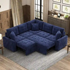 82.6" Brown/Khaki/Navy Blue L-Shape Convertible Sofa Bed with Wheels & USB Ports, 2-3 Seater
