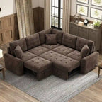 82.6" Brown/Khaki/Navy Blue L-Shape Convertible Sofa Bed with Wheels & USB Ports, 2-3 Seater
