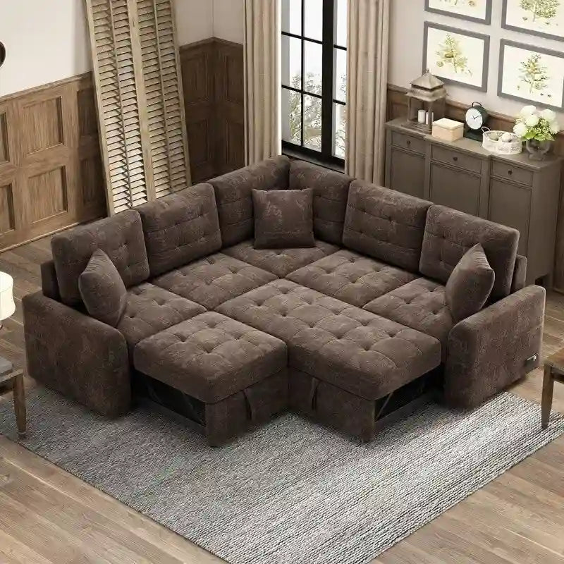 82.6" Brown/Khaki/Navy Blue L-Shape Convertible Sofa Bed with Wheels & USB Ports, 2-3 Seater