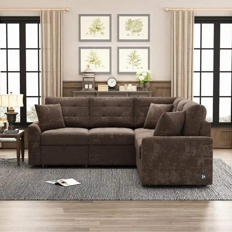 82.6" Brown/Khaki/Navy Blue L-Shape Convertible Sofa Bed with Wheels & USB Ports, 2-3 Seater