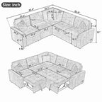 82.6" Brown/Khaki/Navy Blue L-Shape Convertible Sofa Bed with Wheels & USB Ports, 2-3 Seater