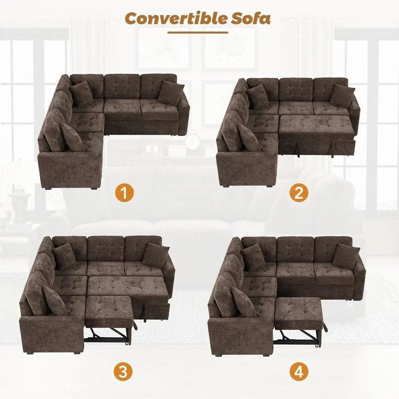 82.6" Brown/Khaki/Navy Blue L-Shape Convertible Sofa Bed with Wheels & USB Ports, 2-3 Seater