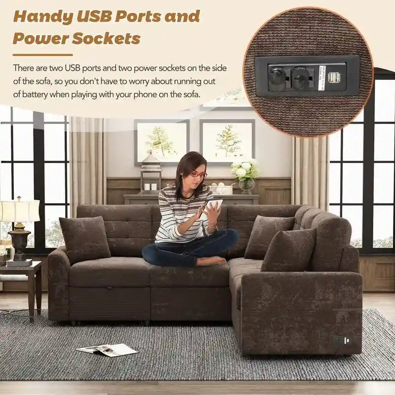 82.6" Brown/Khaki/Navy Blue L-Shape Convertible Sofa Bed with Wheels & USB Ports, 2-3 Seater