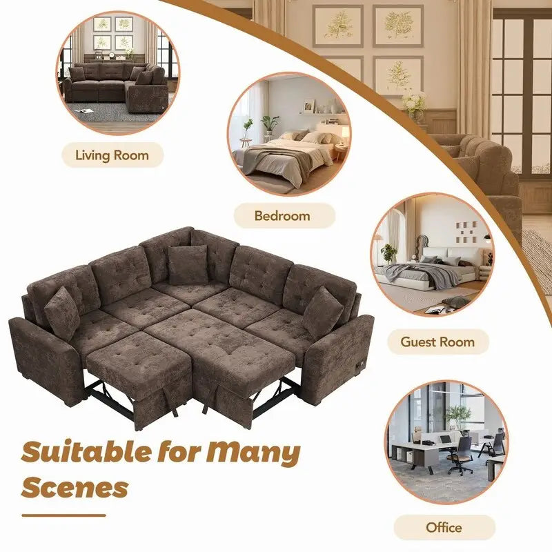 82.6" Brown/Khaki/Navy Blue L-Shape Convertible Sofa Bed with Wheels & USB Ports, 2-3 Seater