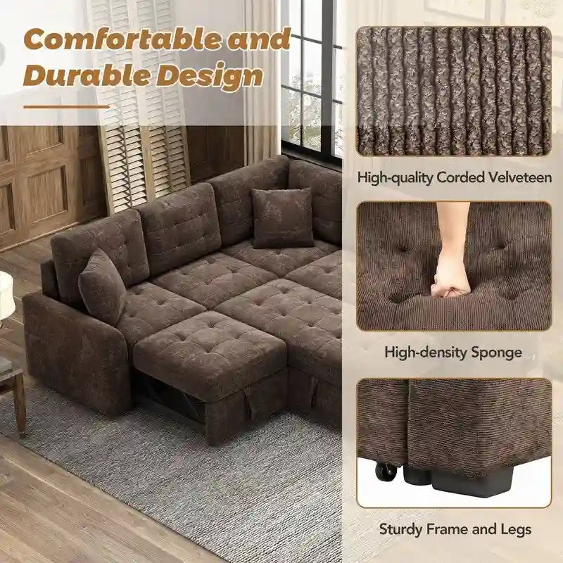 82.6" Brown/Khaki/Navy Blue L-Shape Convertible Sofa Bed with Wheels & USB Ports, 2-3 Seater