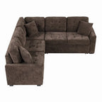 82.6" Brown/Khaki/Navy Blue L-Shape Convertible Sofa Bed with Wheels & USB Ports, 2-3 Seater