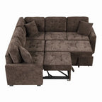 82.6" Brown/Khaki/Navy Blue L-Shape Convertible Sofa Bed with Wheels & USB Ports, 2-3 Seater
