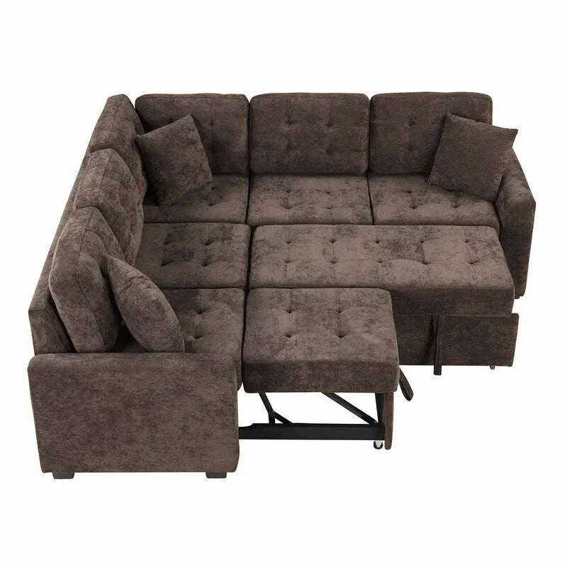 82.6" Brown/Khaki/Navy Blue L-Shape Convertible Sofa Bed with Wheels & USB Ports, 2-3 Seater