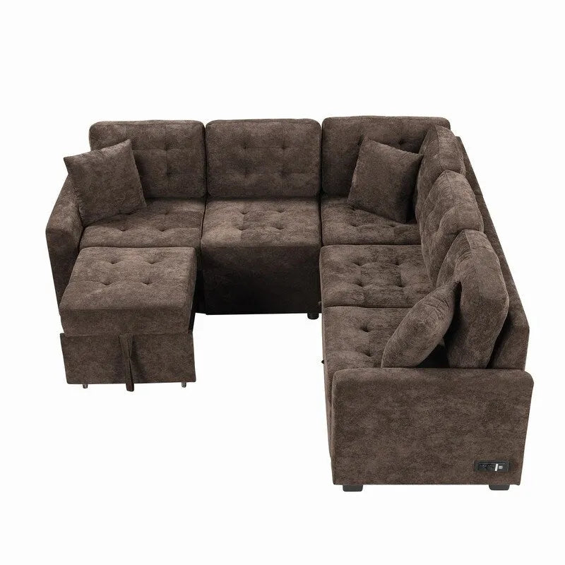 82.6" Brown/Khaki/Navy Blue L-Shape Convertible Sofa Bed with Wheels & USB Ports, 2-3 Seater
