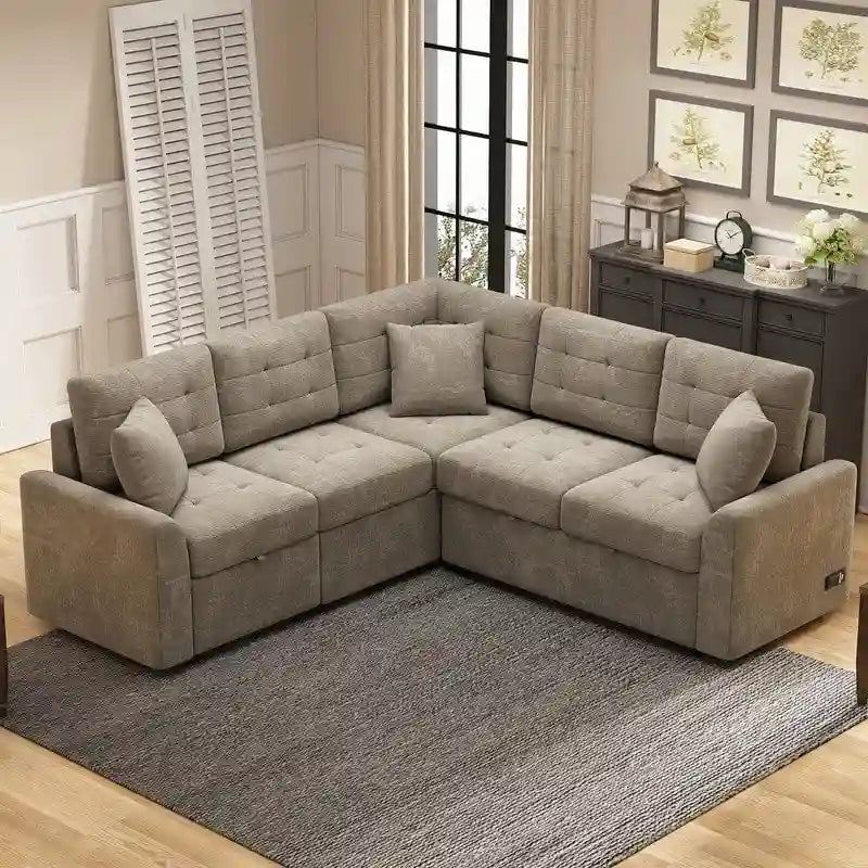 82.6" Brown/Khaki/Navy Blue L-Shape Convertible Sofa Bed with Wheels & USB Ports, 2-3 Seater