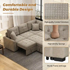 82.6" Brown/Khaki/Navy Blue L-Shape Convertible Sofa Bed with Wheels & USB Ports, 2-3 Seater