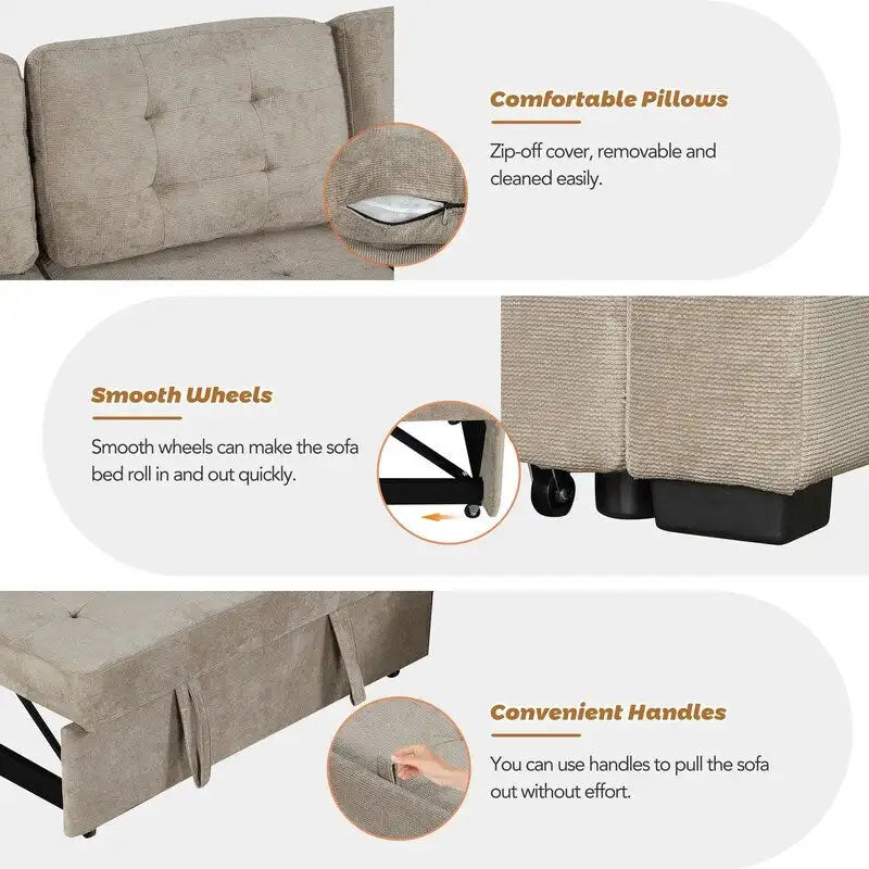 82.6" Brown/Khaki/Navy Blue L-Shape Convertible Sofa Bed with Wheels & USB Ports, 2-3 Seater