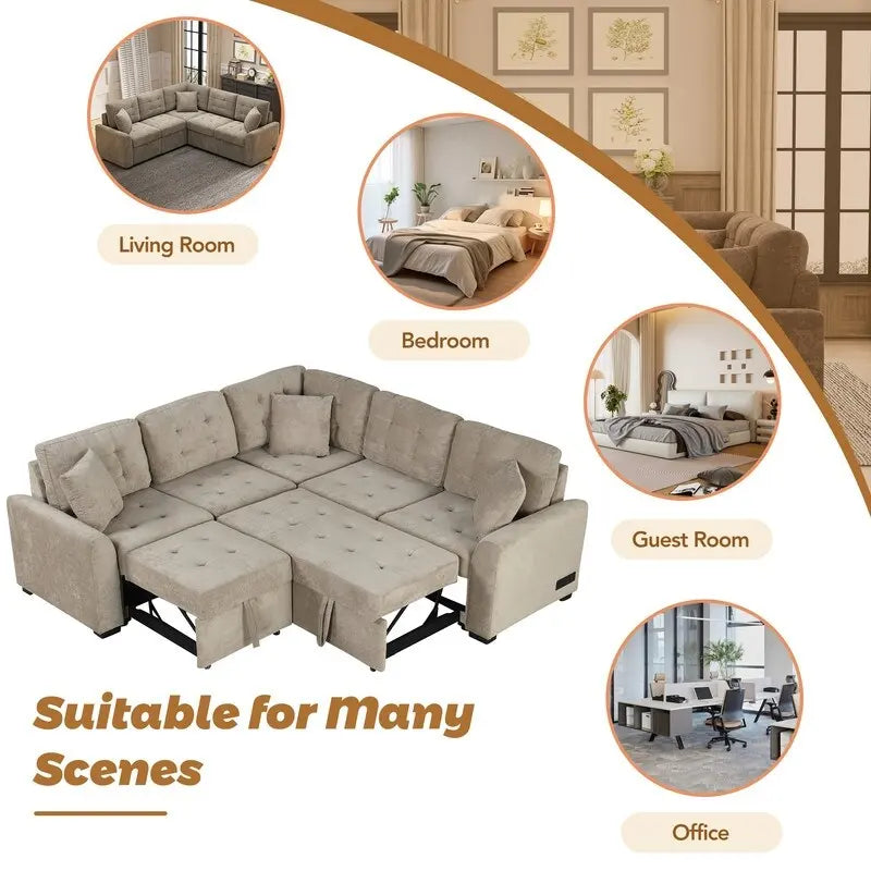 82.6" Brown/Khaki/Navy Blue L-Shape Convertible Sofa Bed with Wheels & USB Ports, 2-3 Seater