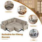 82.6" Brown/Khaki/Navy Blue L-Shape Convertible Sofa Bed with Wheels & USB Ports, 2-3 Seater