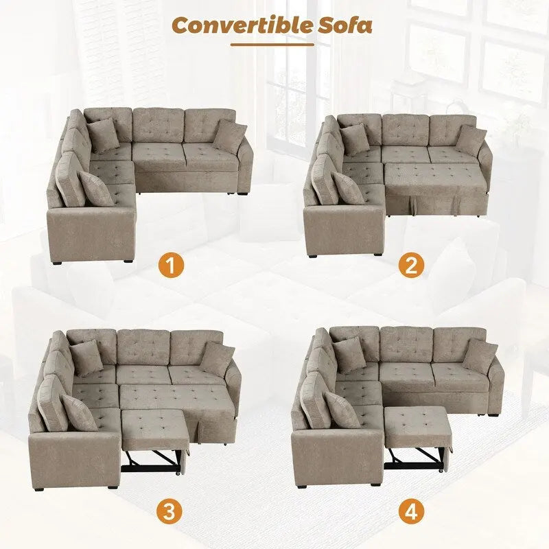 82.6" Brown/Khaki/Navy Blue L-Shape Convertible Sofa Bed with Wheels & USB Ports, 2-3 Seater