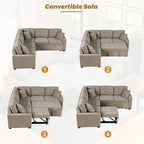 82.6" Brown/Khaki/Navy Blue L-Shape Convertible Sofa Bed with Wheels & USB Ports, 2-3 Seater