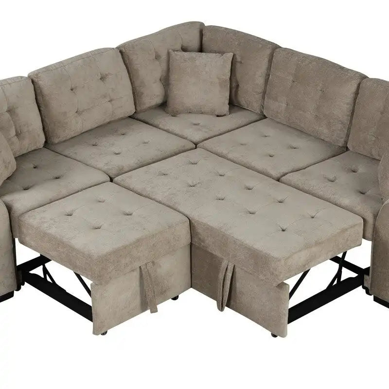 82.6" Brown/Khaki/Navy Blue L-Shape Convertible Sofa Bed with Wheels & USB Ports, 2-3 Seater