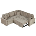 82.6" Brown/Khaki/Navy Blue L-Shape Convertible Sofa Bed with Wheels & USB Ports, 2-3 Seater