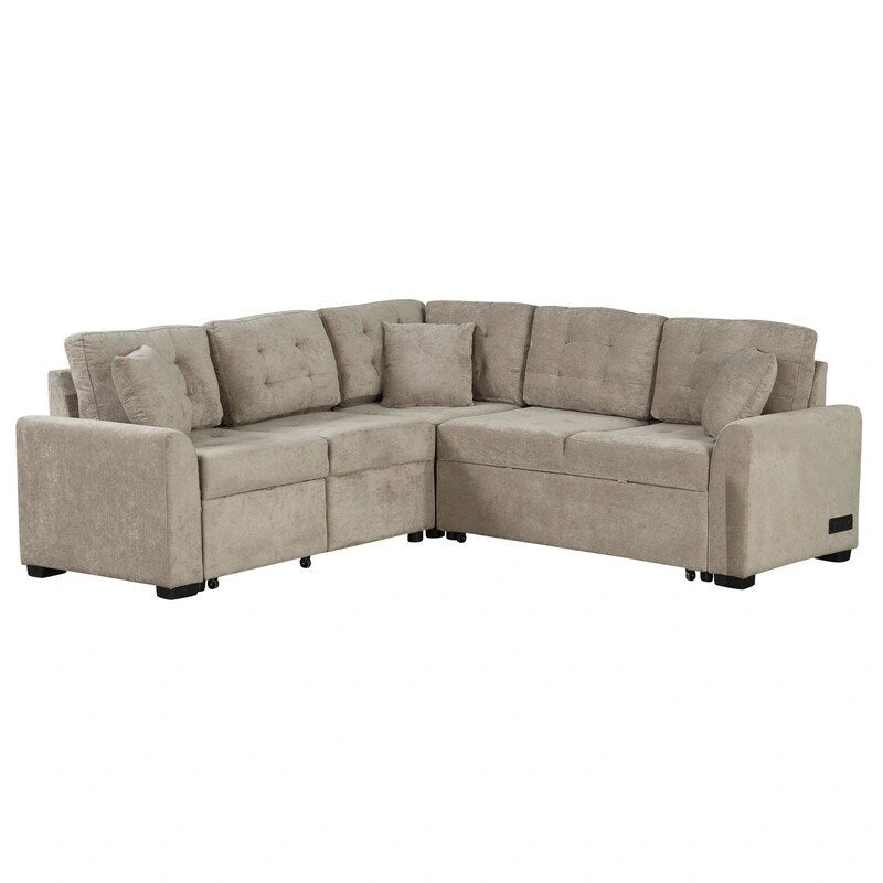 82.6" Brown/Khaki/Navy Blue L-Shape Convertible Sofa Bed with Wheels & USB Ports, 2-3 Seater