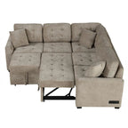 82.6" Brown/Khaki/Navy Blue L-Shape Convertible Sofa Bed with Wheels & USB Ports, 2-3 Seater