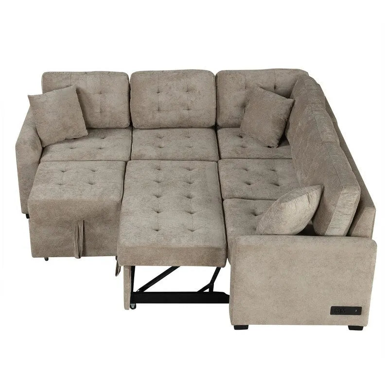 82.6" Brown/Khaki/Navy Blue L-Shape Convertible Sofa Bed with Wheels & USB Ports, 2-3 Seater
