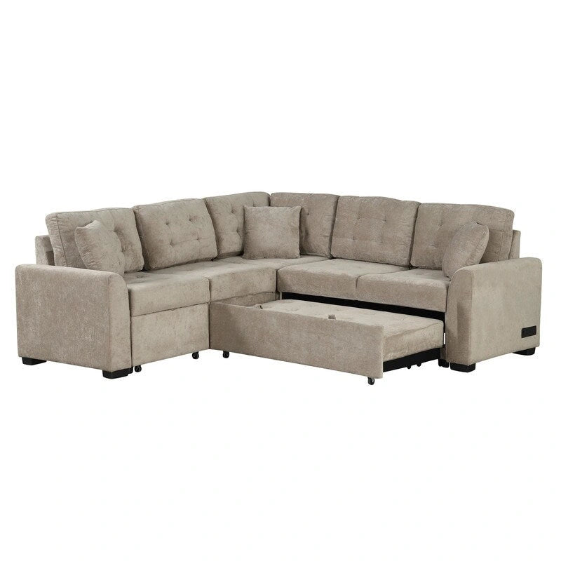 82.6" Brown/Khaki/Navy Blue L-Shape Convertible Sofa Bed with Wheels & USB Ports, 2-3 Seater