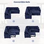 82.6" Brown/Khaki/Navy Blue L-Shape Convertible Sofa Bed with Wheels & USB Ports, 2-3 Seater