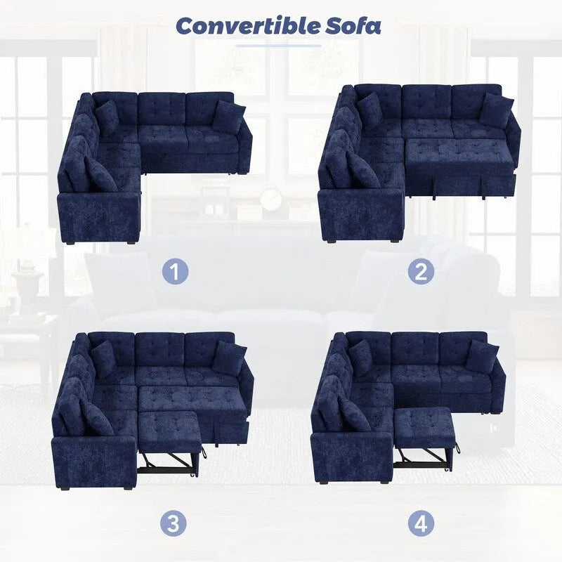 82.6" Brown/Khaki/Navy Blue L-Shape Convertible Sofa Bed with Wheels & USB Ports, 2-3 Seater