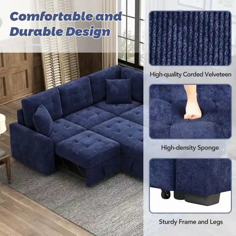 82.6" Brown/Khaki/Navy Blue L-Shape Convertible Sofa Bed with Wheels & USB Ports, 2-3 Seater