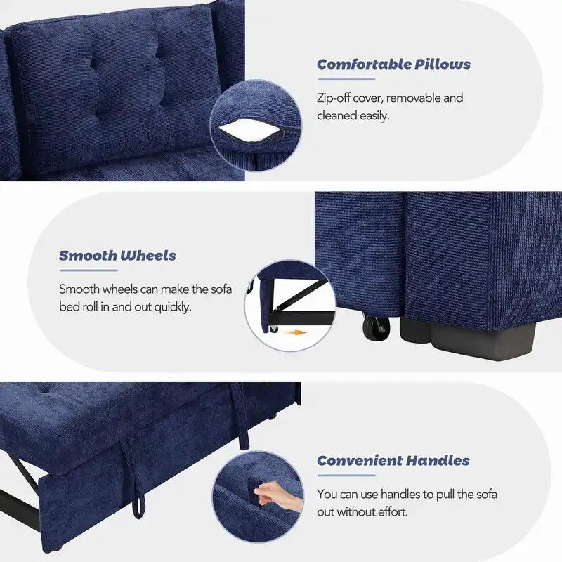 82.6" Brown/Khaki/Navy Blue L-Shape Convertible Sofa Bed with Wheels & USB Ports, 2-3 Seater