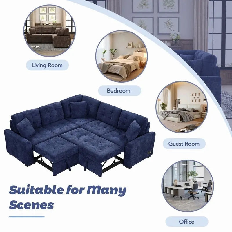 82.6" Brown/Khaki/Navy Blue L-Shape Convertible Sofa Bed with Wheels & USB Ports, 2-3 Seater