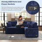 82.6" Brown/Khaki/Navy Blue L-Shape Convertible Sofa Bed with Wheels & USB Ports, 2-3 Seater