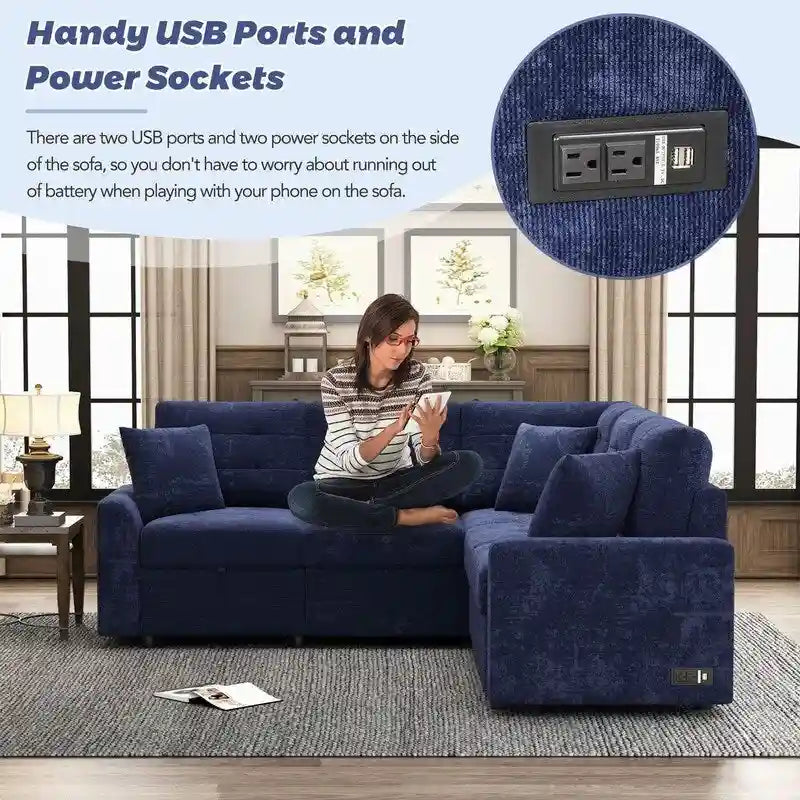 82.6" Brown/Khaki/Navy Blue L-Shape Convertible Sofa Bed with Wheels & USB Ports, 2-3 Seater