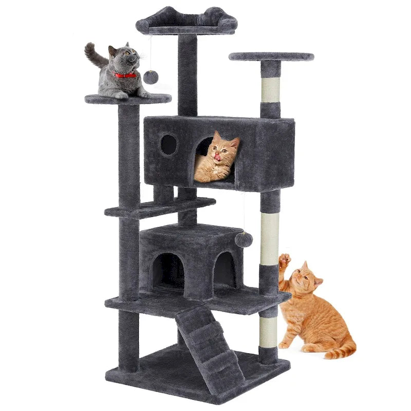 Gray / Beige 54" Multi-Level Cat Tree Tower, Plush & Sisal, for 3–4 Cats