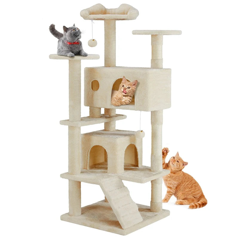 Gray / Beige 54" Multi-Level Cat Tree Tower, Plush & Sisal, for 3–4 Cats